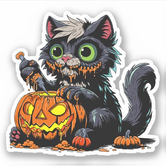 ハロウィーンカボチャの彫刻猫 シール (正面)