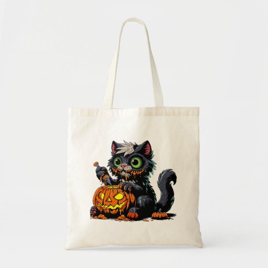 ハロウィーンカボチャの彫刻猫 トートバッグ (正面)