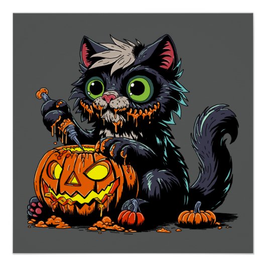 ハロウィーンカボチャの彫刻猫 ポスター (正面)