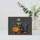 ハロウィーンカボチャの彫刻猫 ポストカード (スタンド正面)