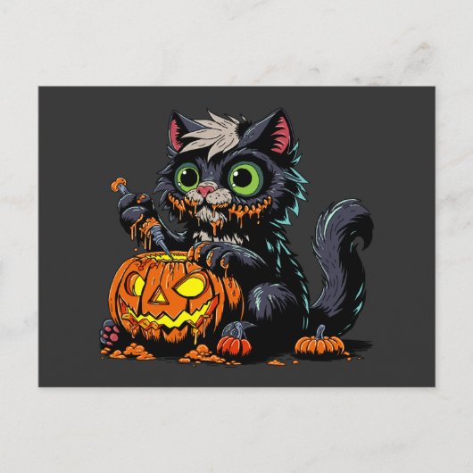 ハロウィーンカボチャの彫刻猫 ポストカード (正面)