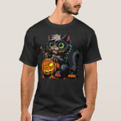 ハロウィーンカボチャの彫刻猫 Tシャツ (正面)