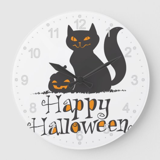 ハロウィーンカボチャの猫 – バックカラーを選択 ラージ壁時計 (正面)