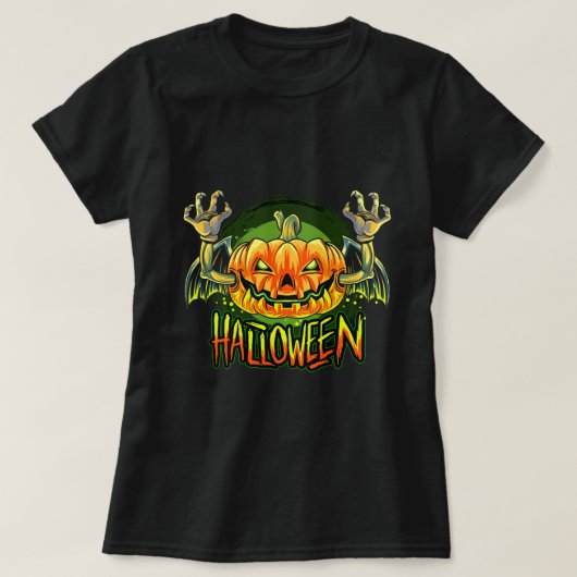 ハロウィーンカボチャの頭を持つヴァンパイアこうもり Tシャツ (デザイン正面)