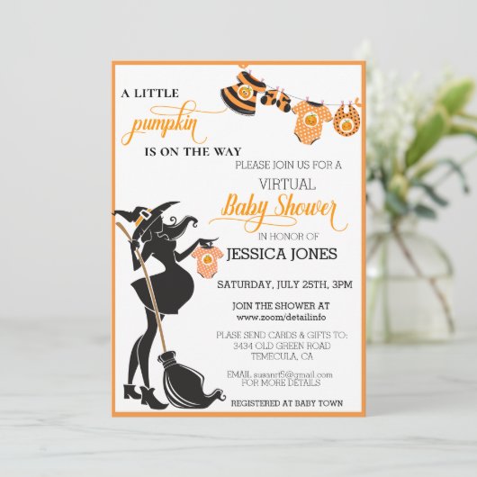 ハロウィーンカボチャ仮想ウィッチベイビーシャワー 招待状 (スタンド正面)