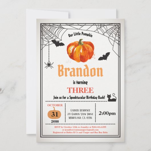 ハロウィーンカボチャ子供の誕生日少年または女の子 招待状 (正面)