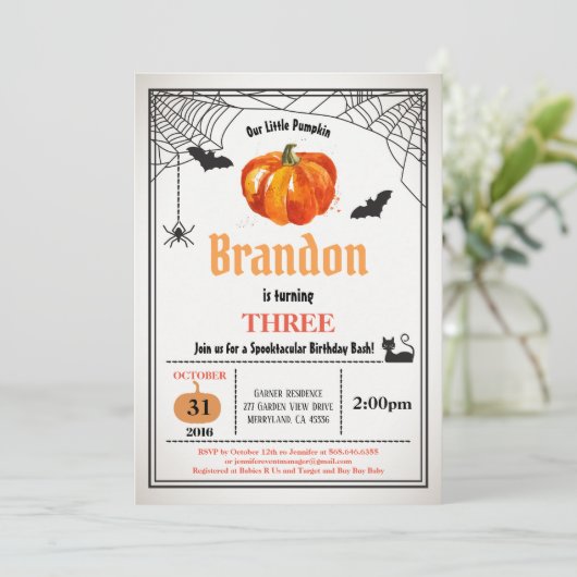 ハロウィーンカボチャ子供の誕生日少年または女の子 招待状 (スタンド正面)