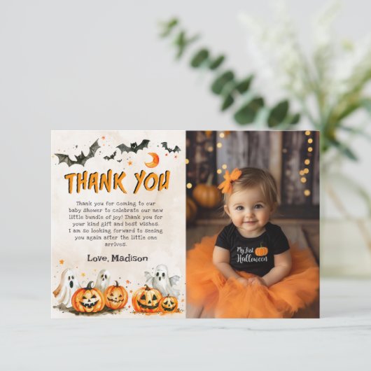 ハロウィーンカボチャ幽霊パーティーサンキューカード サンキューカード (スタンド正面)