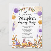 ハロウィーンカボチャ彫刻パーティーオレンジと紫 招待状 (正面)