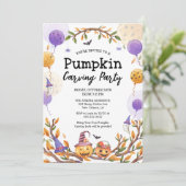 ハロウィーンカボチャ彫刻パーティーオレンジと紫 招待状 (スタンド正面)