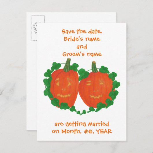 ハロウィーンカボチャ日付の結婚式はがきを保存 案内ポストカード (正面/裏面)