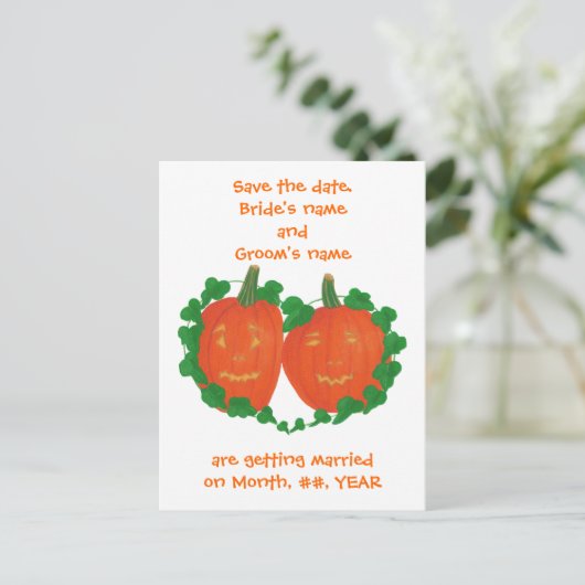 ハロウィーンカボチャ日付の結婚式はがきを保存 案内ポストカード (スタンド正面)