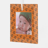 ハロウィーンカボチャ模様オレンジ色の写真 ガラスオーナメント (正面左)