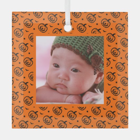 ハロウィーンカボチャ模様オレンジ色の写真 ガラスオーナメント (正面)