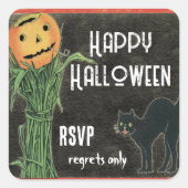 ハロウィーンカボチャ頭のトウモロコシの茎と黒猫 スクエアシール (正面)