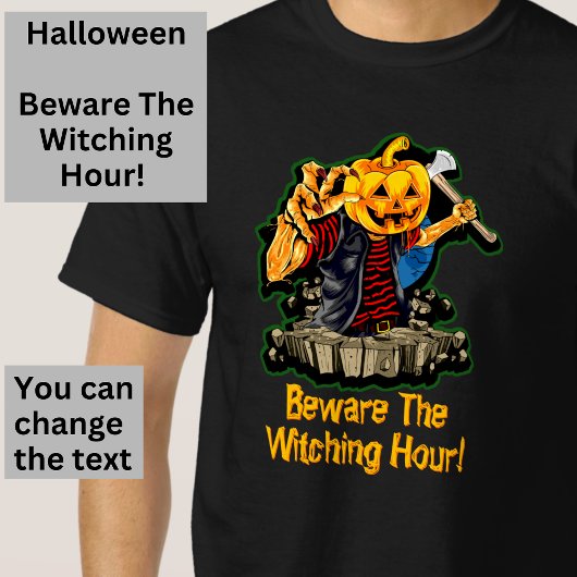ハロウィーンカボチャ頭ゾンビ斧キラー – 注意! Tシャツ