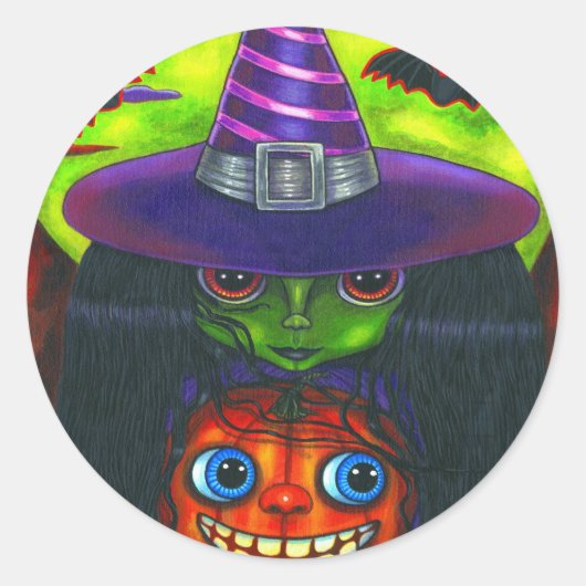 ハロウィーンカボチャ魔女ステッカー ラウンドシール (正面)