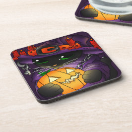 ハロウィーンカボチャ黒い魔女猫 コースター