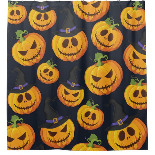 ハロウィーンカボチャ：ヴィンテージ魔女パターン シャワーカーテン (正面)