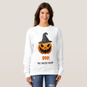 ハロウィーンカボチャ「BOO!」 – 名パーソナライズされた前 スウェットシャツ (正面フル)