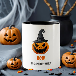 ハロウィーンカボチャ「BOO!」 – 名パーソナライズされた前 ツートーンマグカップ
