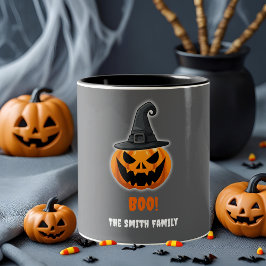 ハロウィーンカボチャ「BOO!」 – 名パーソナライズされた前 ツートーンマグカップ