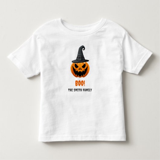 ハロウィーンカボチャ「BOO!」 – 名パーソナライズされた前 トドラーTシャツ (正面)