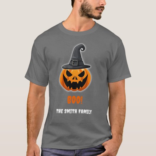 ハロウィーンカボチャ「BOO!」 – 名パーソナライズされた前 Tシャツ (正面)