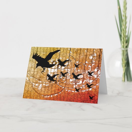 ハロウィーンカラスが城焼け幽霊のよく出るの間を飛ぶ カード (正面)