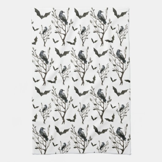 ハロウィーンカローズこうもり白黒の水色 キッチンタオル (縦)