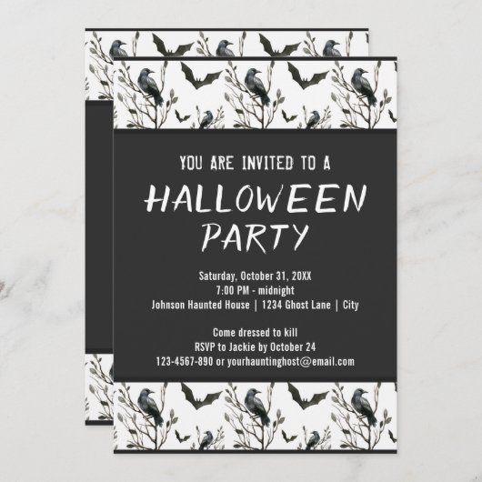 ハロウィーンカローズこうもり白黒の水色 招待状 (正面/裏面)