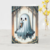 ハロウィーンカートゥー食べン幽霊ズアンアイスクリームコーン カード (黄色い花)