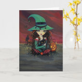ハロウィーンカードかわいい魔女と黒猫 カード (黄色い花)