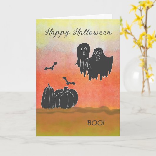ハロウィーンカードとブラック幽霊たち&カボチャ カード (黄色い花)