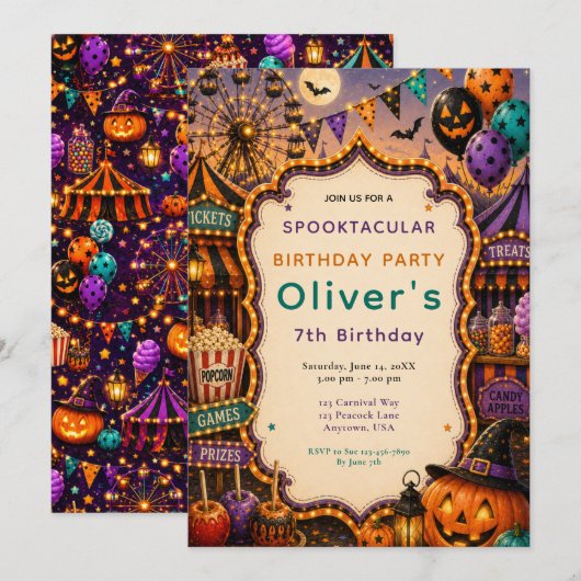 ハロウィーンカーニバル 誕生日パーティー 招待状 (正面/裏面)
