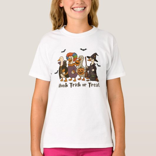 ハロウィーンガチョウの衣装をホックトリックまたは治療 Tシャツ (正面)
