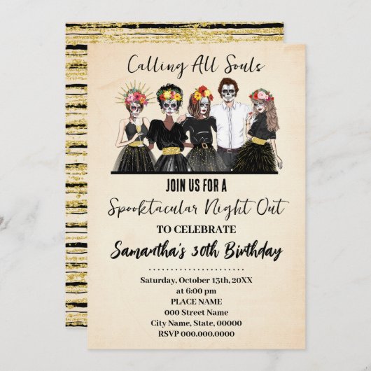 ハロウィーンガールズナイトアウトデイオブザデッド誕生日 招待状 (正面/裏面)