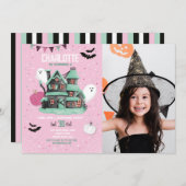 ハロウィーンガールズピンクおもしろいハウスパーティー幽霊写真 招待状 (正面/裏面)