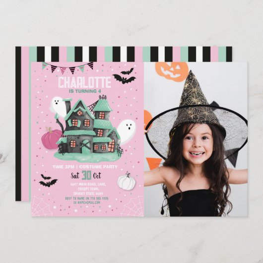 ハロウィーンガールズピンクおもしろいハウスパーティー幽霊写真 招待状 (正面/裏面)