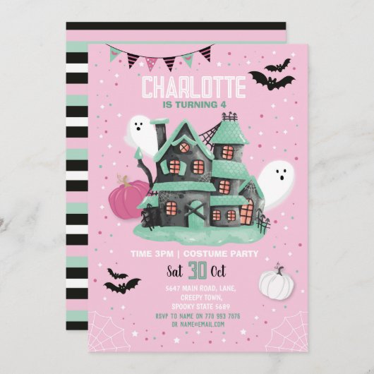 ハロウィーンガールズピンクおもしろいハウスパーティー幽霊 招待状 (正面/裏面)