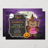 ハロウィーンガールワーウルフ誕生日招待状 招待状 (正面/裏面)