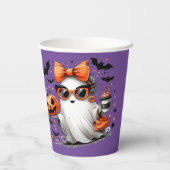 ハロウィーンガール幽霊オンパープルバックグラウンド 紙コップ (裏面)