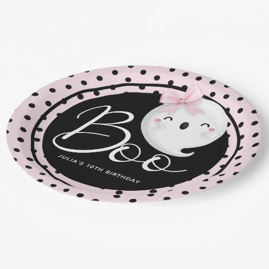 ハロウィーンガール誕生日ピンクブラックパーソナライズされた ペーパープレート (アングル)
