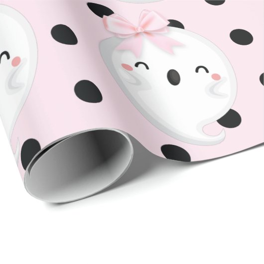 ハロウィーンガール誕生日ピンクブラック水玉模様幽霊 ラッピングペーパー (ロールコーナー)