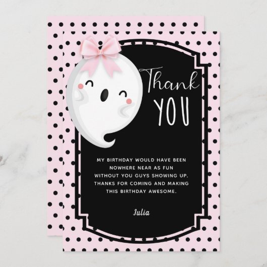 ハロウィーンガール誕生日ピンクブラック水玉模様 サンキューカード (正面/裏面)