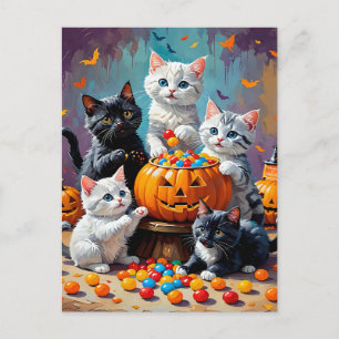 ハロウィーンキテンスとパンプキンキャンディボウル ポストカード