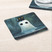 ハロウィーンキャットとプール幽霊 スクエアペーパーコースター (アングル)