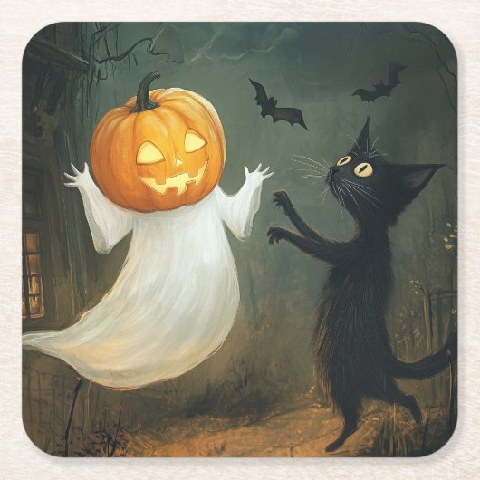 ハロウィーンキャットと幽霊 スクエアペーパーコースター (正面)