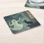 ハロウィーンキャットと幽霊 スクエアペーパーコースター (アングル)