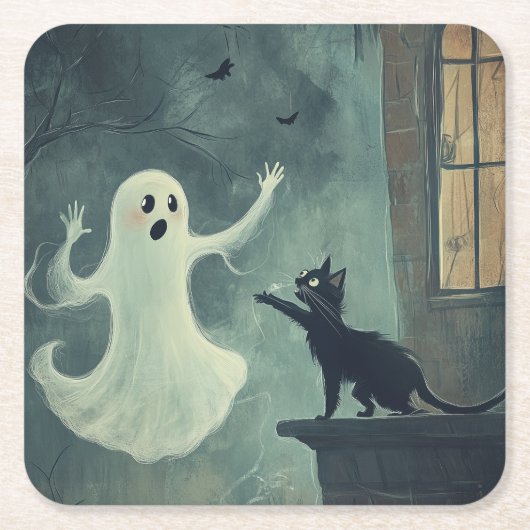 ハロウィーンキャットと幽霊 スクエアペーパーコースター (正面)